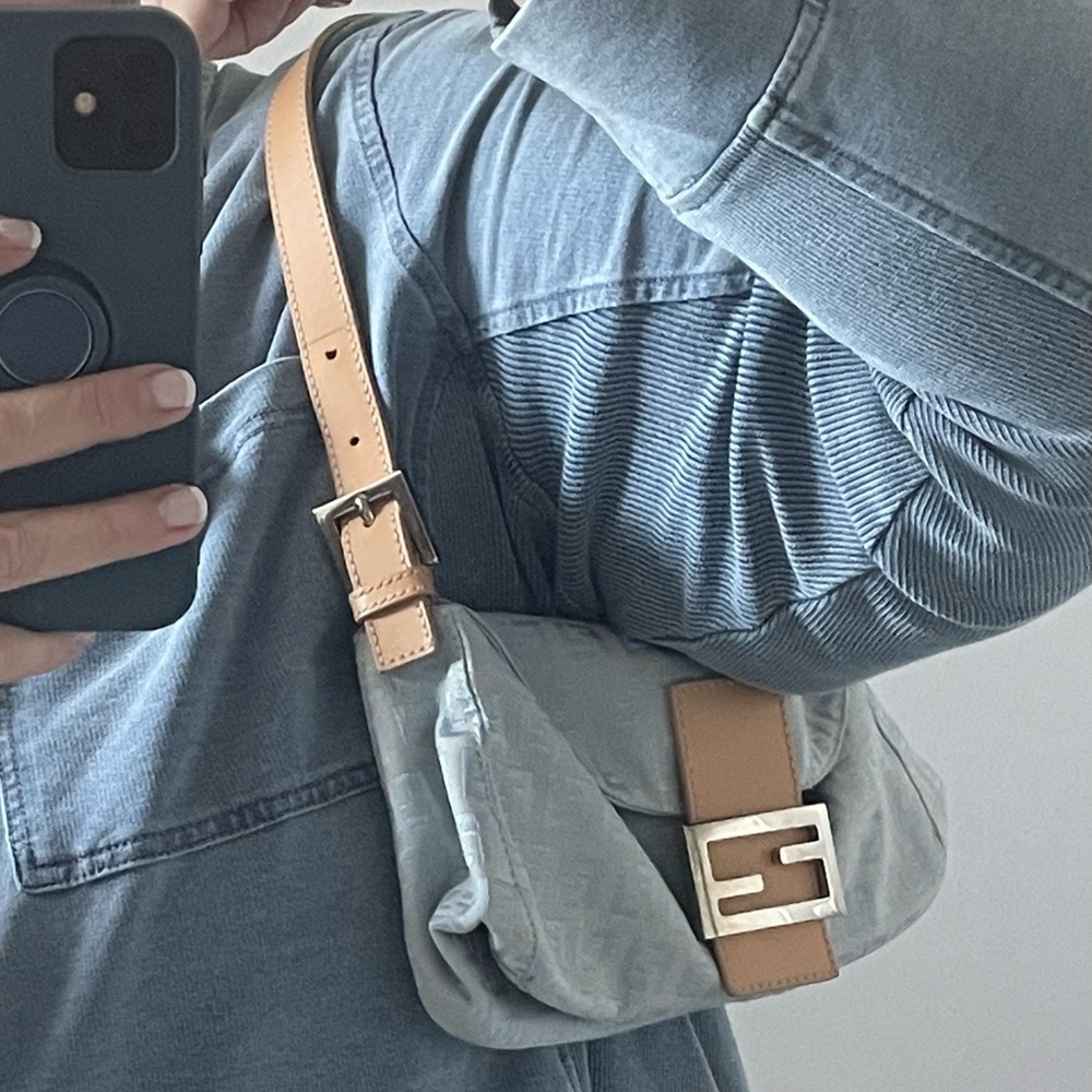 Fendi Light Blue Monogram Shoulder Bag with Tan Leather Strap -Zucchino - Picture 14 of 15